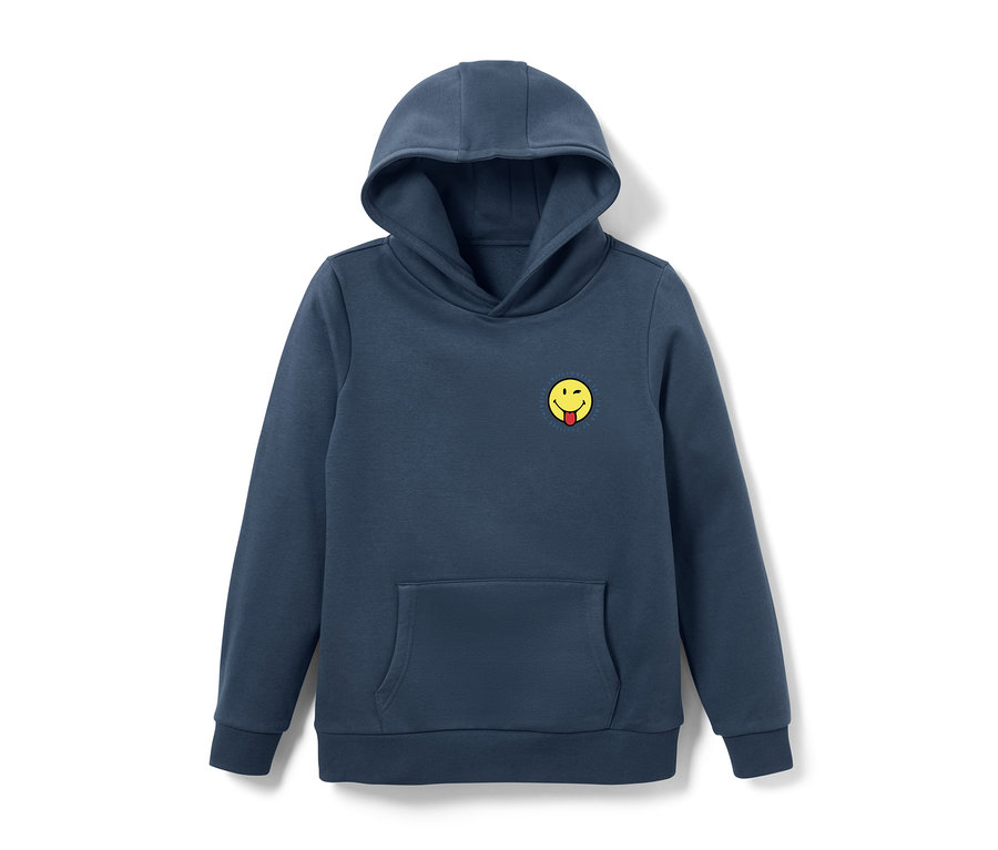 Sweat à capuche bleu marine pour enfant « Smiley » avec poche kangourou et imprimé smiley jaune.