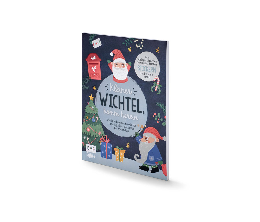Livre : « Kleiner Wichtel, komm herein » avec des motifs de Noël comme le Père Noël, un sapin et des cadeaux.