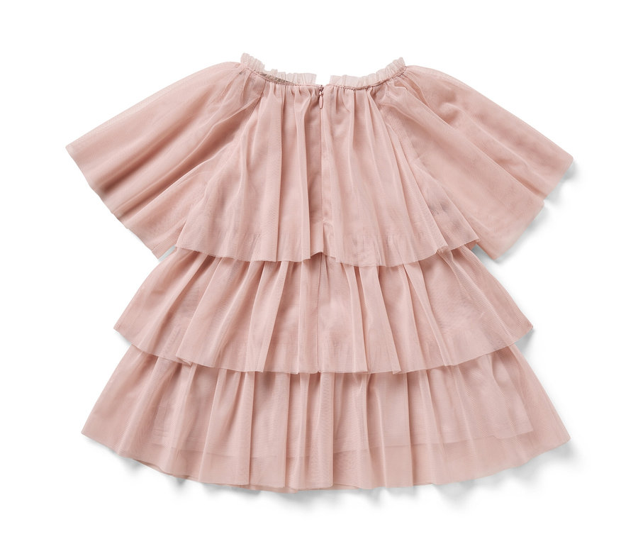Robe en tulle rose pour enfant avec des manches courtes et une jupe à trois épaisseurs.