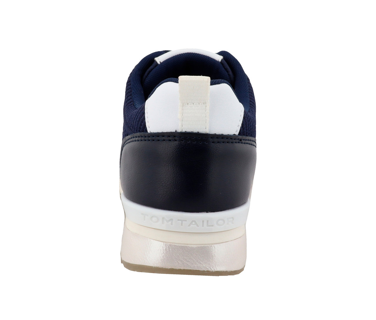 Vue détaillée de l'arrière d'une basket Tom Tailor bleu marine en textile/PU avec des détails blancs.