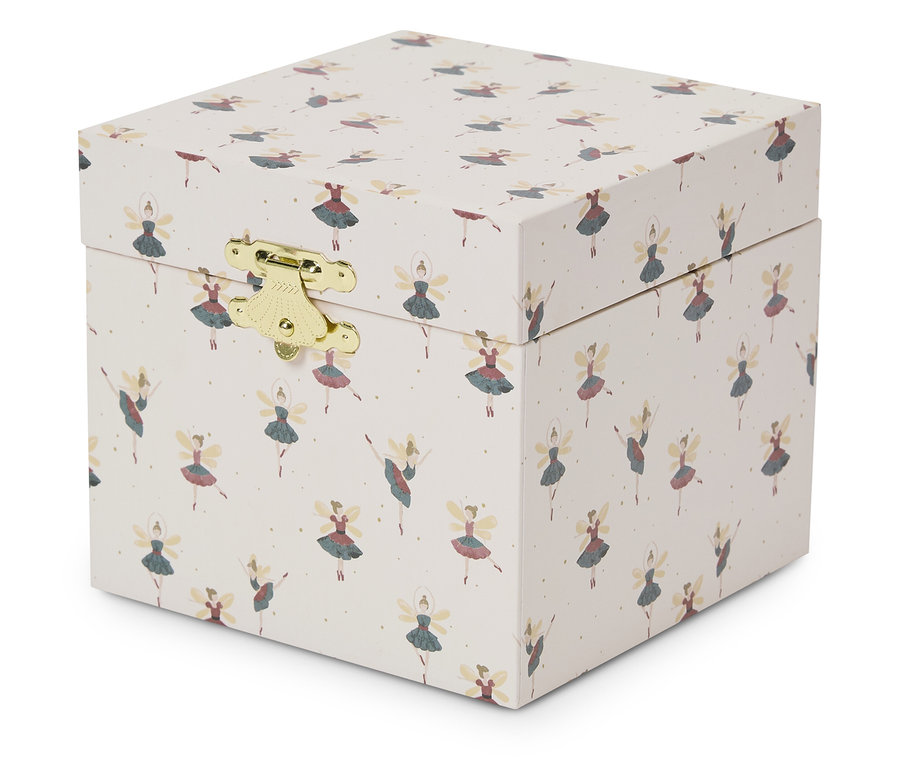 Boîte carrée avec couvercle, ornée d'un motif de ballerines et d'une fermeture dorée.