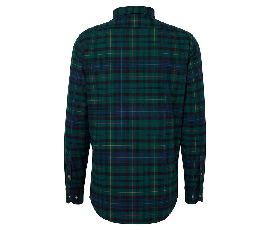 Vue arrière d'une chemise à manches longues à carreaux verts.