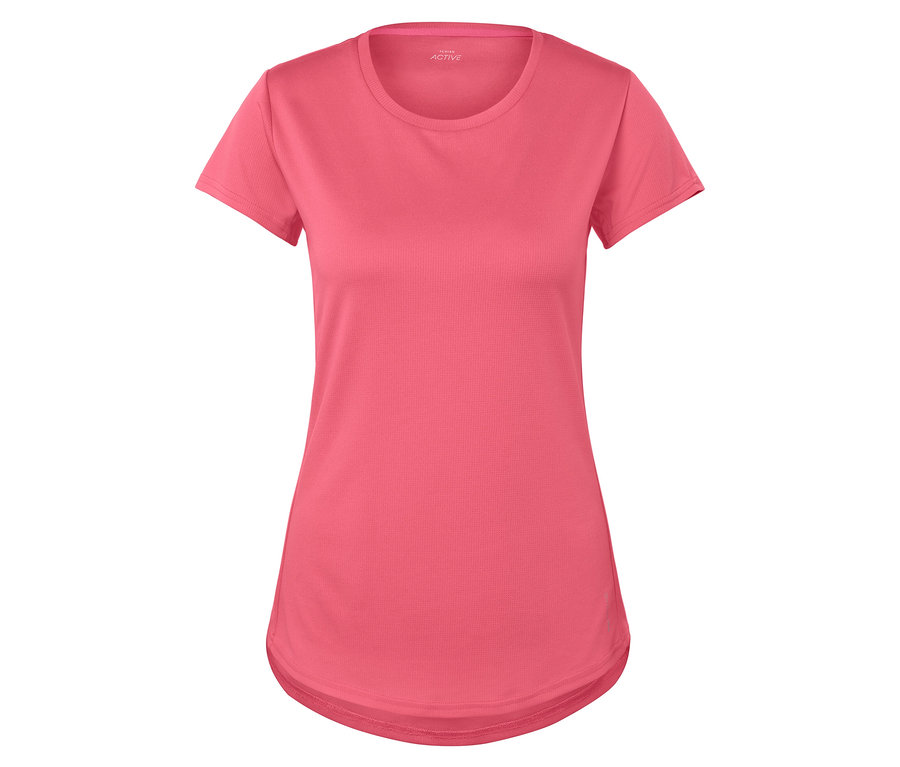 Un t-shirt de sport rose à manches courtes sur un fond blanc.