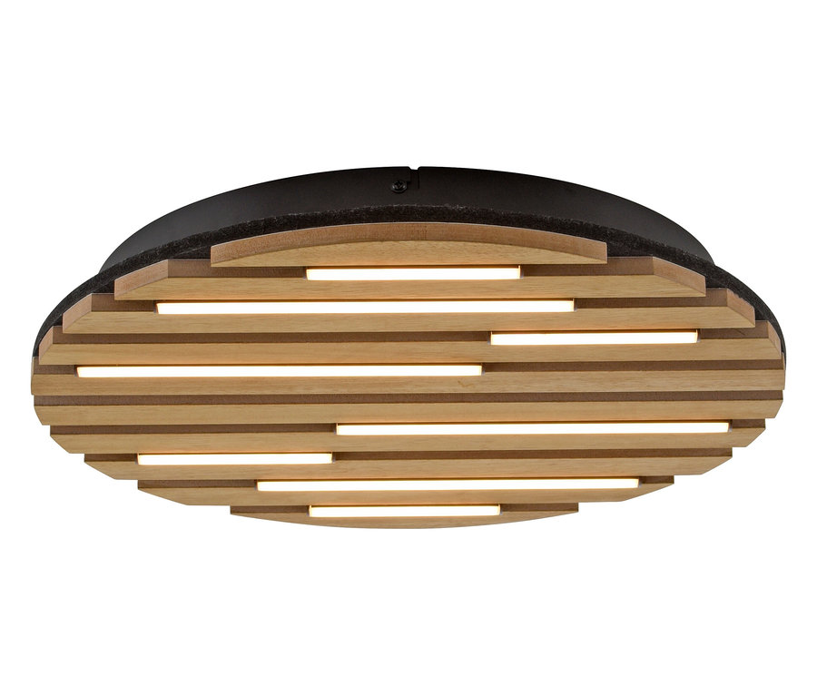 Plafonnier ovale avec base noire et lamelles en bois. La lumière brille entre les lamelles.