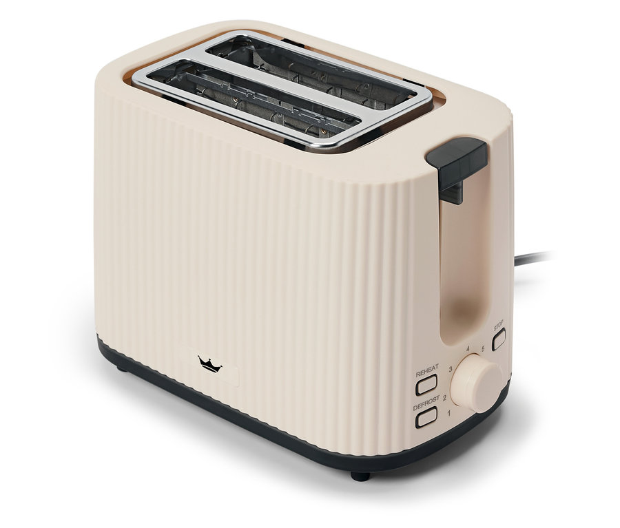Un grille-pain crème avec un design rainuré et des accents noirs.
