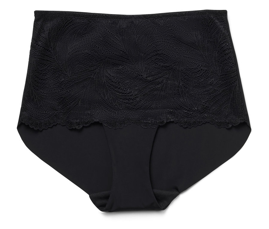 Culotte noire avec dentelle florale sur le dessus.