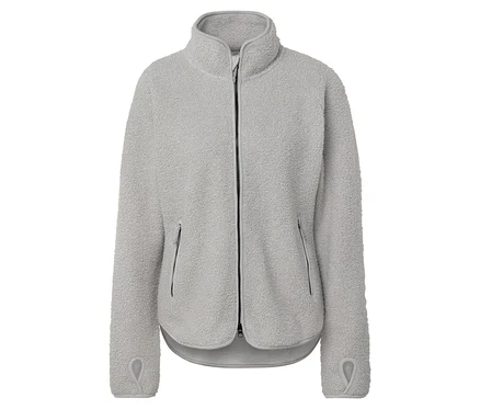 Veste en polaire grise avec fermeture éclair et trous pour les pouces.