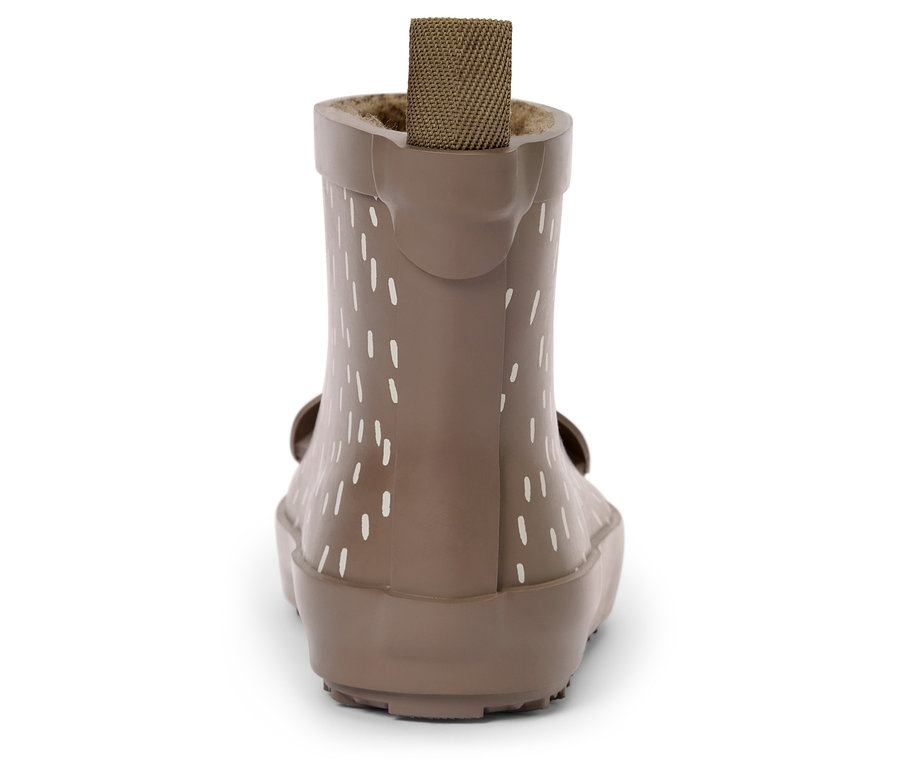 Botillon en caoutchouc beige avec des rayures verticales blanches et une boucle en tissu marron à l'arrière.