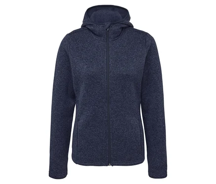 Veste en polaire bleu marine avec capuche et fermeture éclair centrale.
