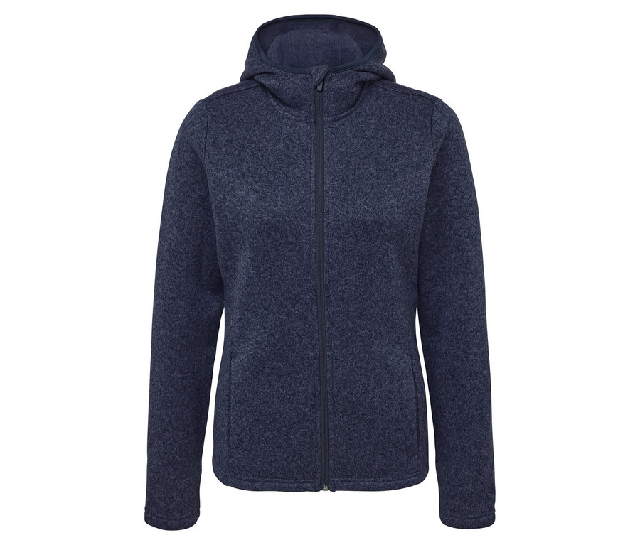 Veste en polaire bleu marine avec capuche et fermeture éclair centrale.