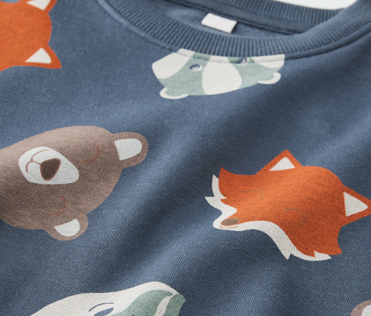 Gros plan sur un sweat-shirt bleu pour enfant avec des motifs d'animaux.