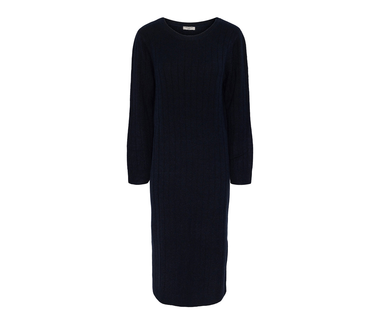 Robe en tricot côtelée bleu foncé.