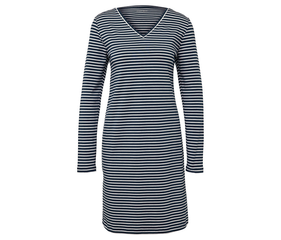 Robe rayée bleue et blanche à manches longues avec encolure en V.