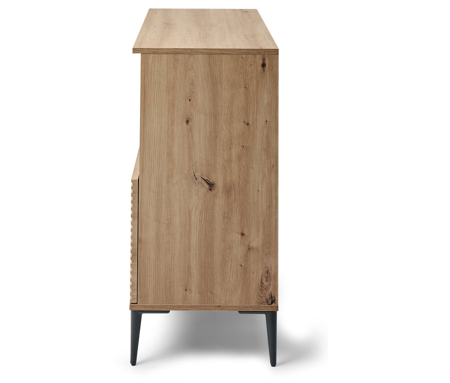 Vue latérale d'une commode en bois avec des pieds foncés.