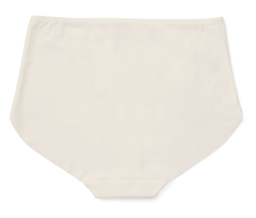 Une culotte taille haute couleur chair sur fond blanc.