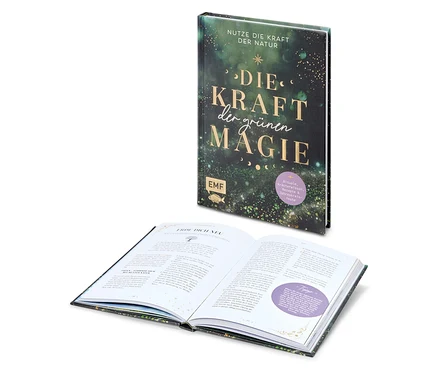 Un livre ouvert est posé devant un livre debout intitulé 'Die Kraft der grünen Magie'.