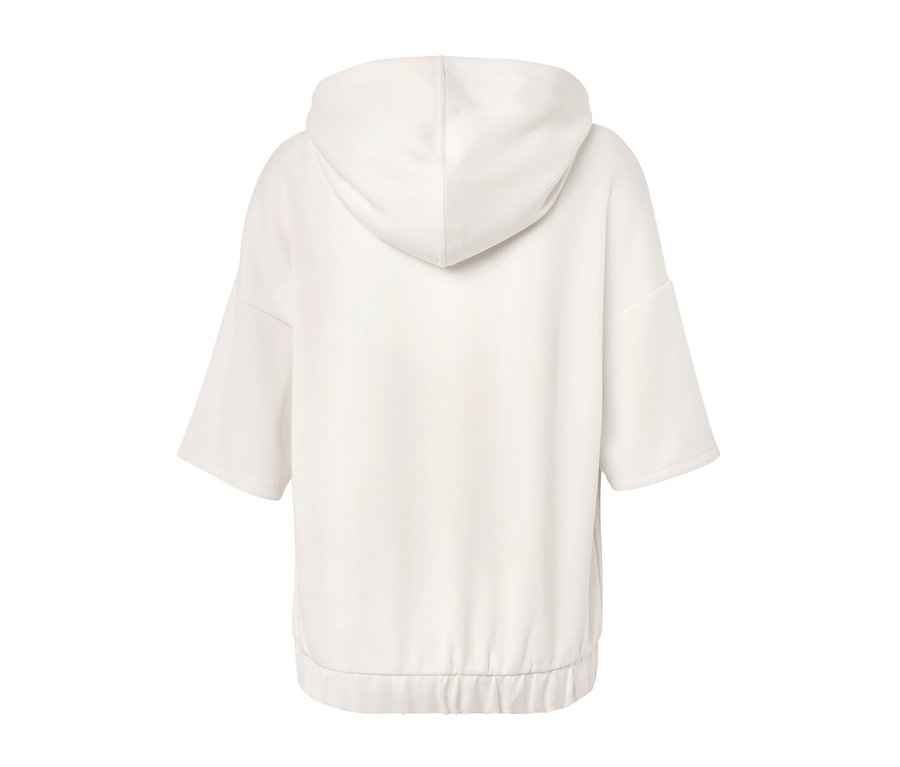 Vue détaillée de dos d'un pull à capuche crème en mélange modal.