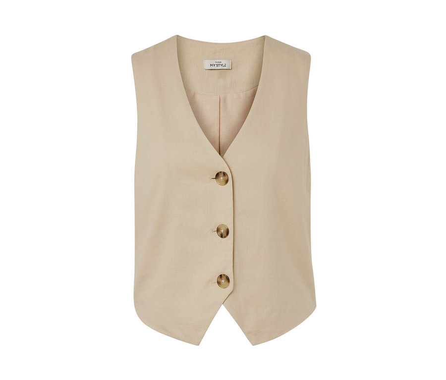 Gilet en lin beige avec boutons.