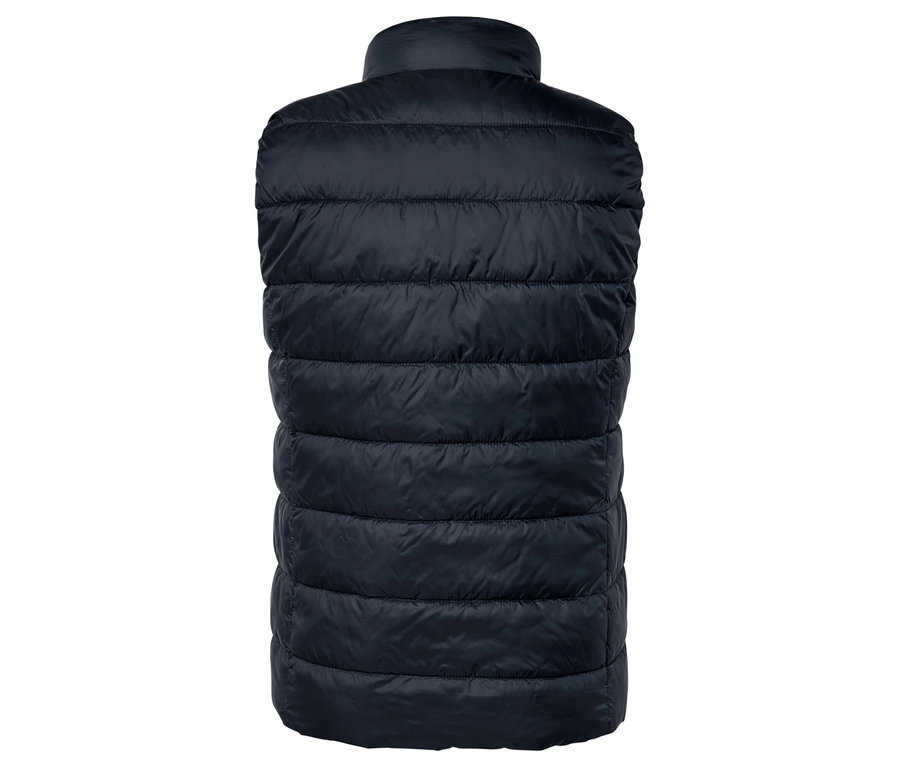 Vue arrière d'un gilet matelassé bleu foncé.