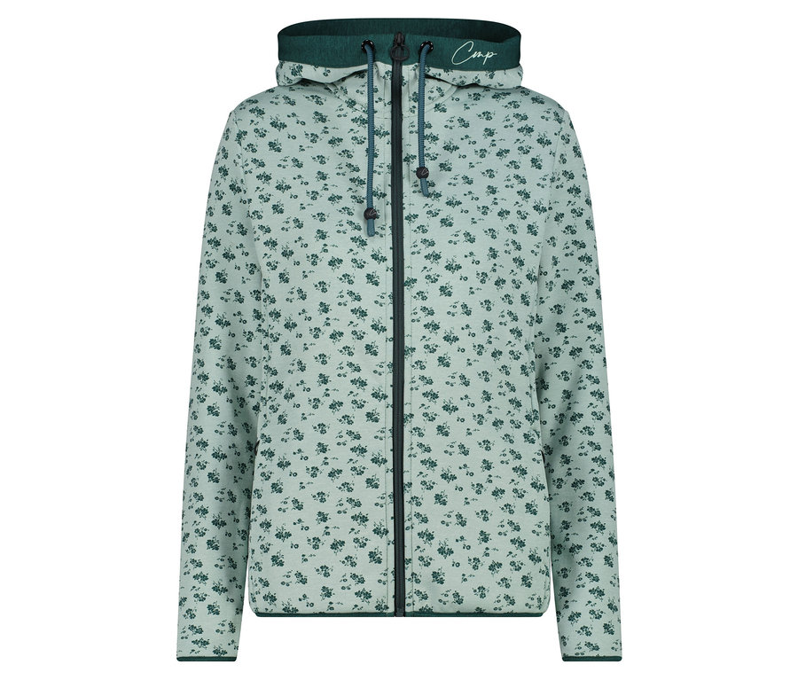 Veste à capuche vert pâle avec fermeture éclair, imprimée de petites fleurs.