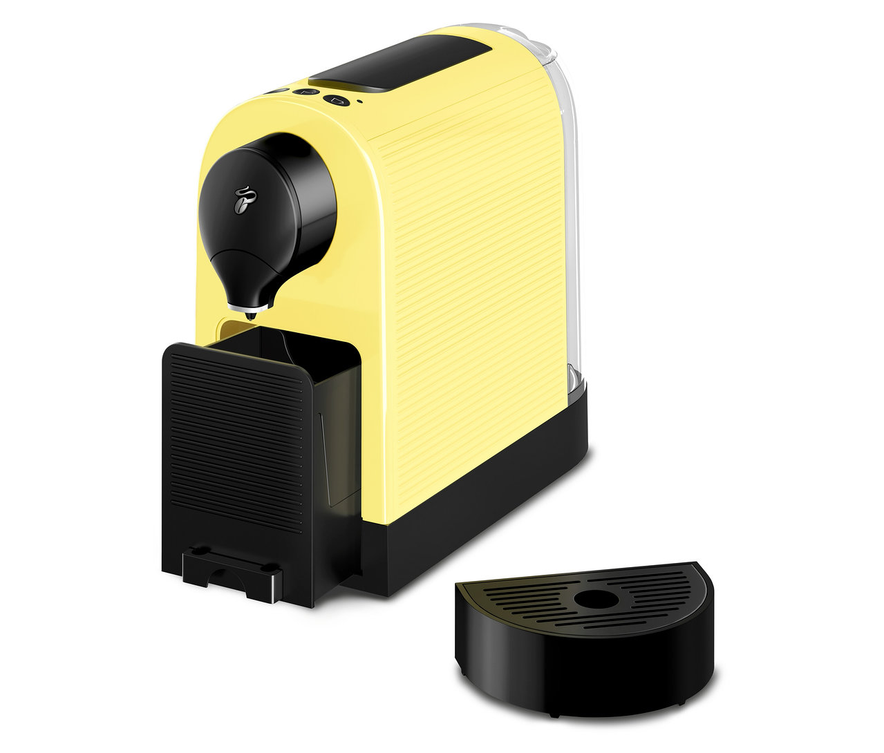Machine à café à capsules jaune avec bac d'égouttement noir.
