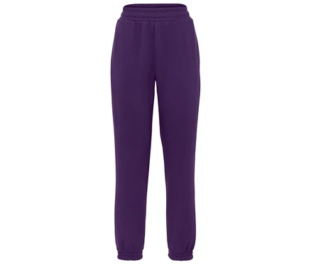 Pantalon de survêtement violet avec taille et chevilles élastiquées.