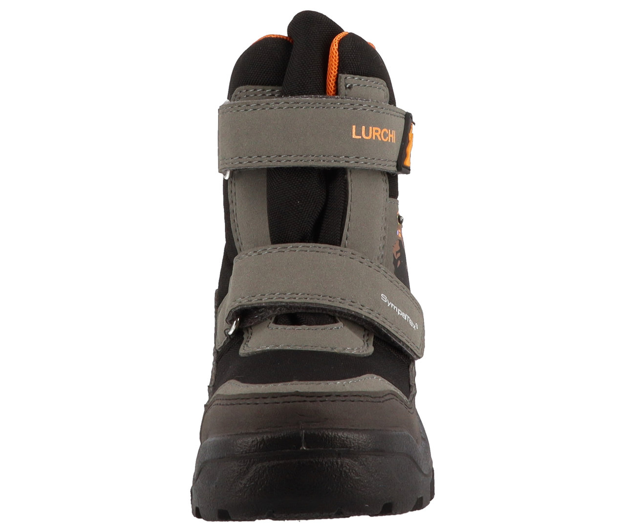 Une botte d'hiver noire et grise LURCHI »Kojo-SYMPATEX« avec des détails orange et une fermeture velcro.