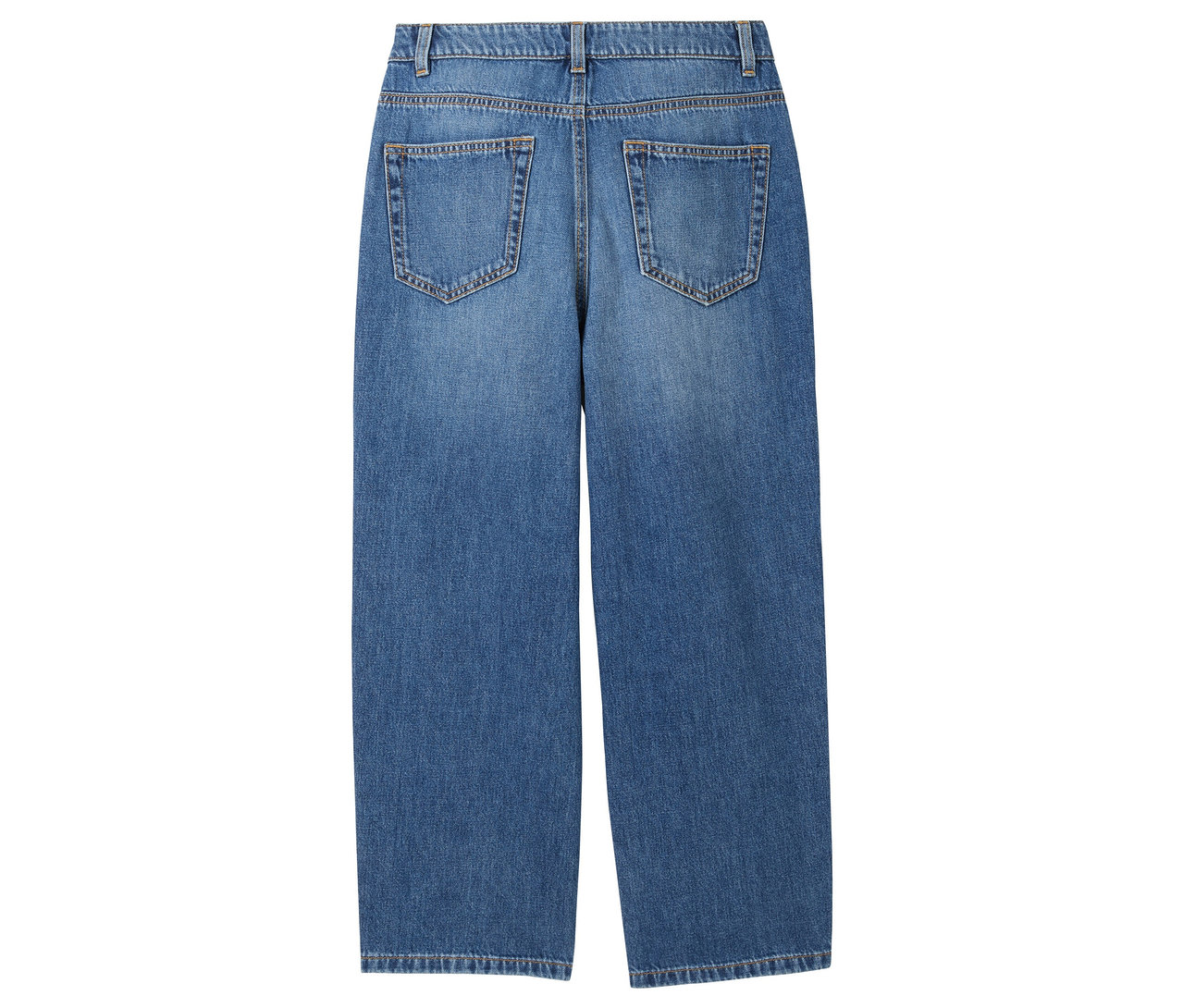 Vue arrière d'un jean bleu à jambes larges avec poches arrière.