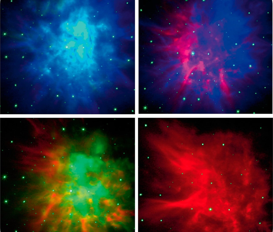 Quatre images de différentes nébuleuses avec des étoiles.