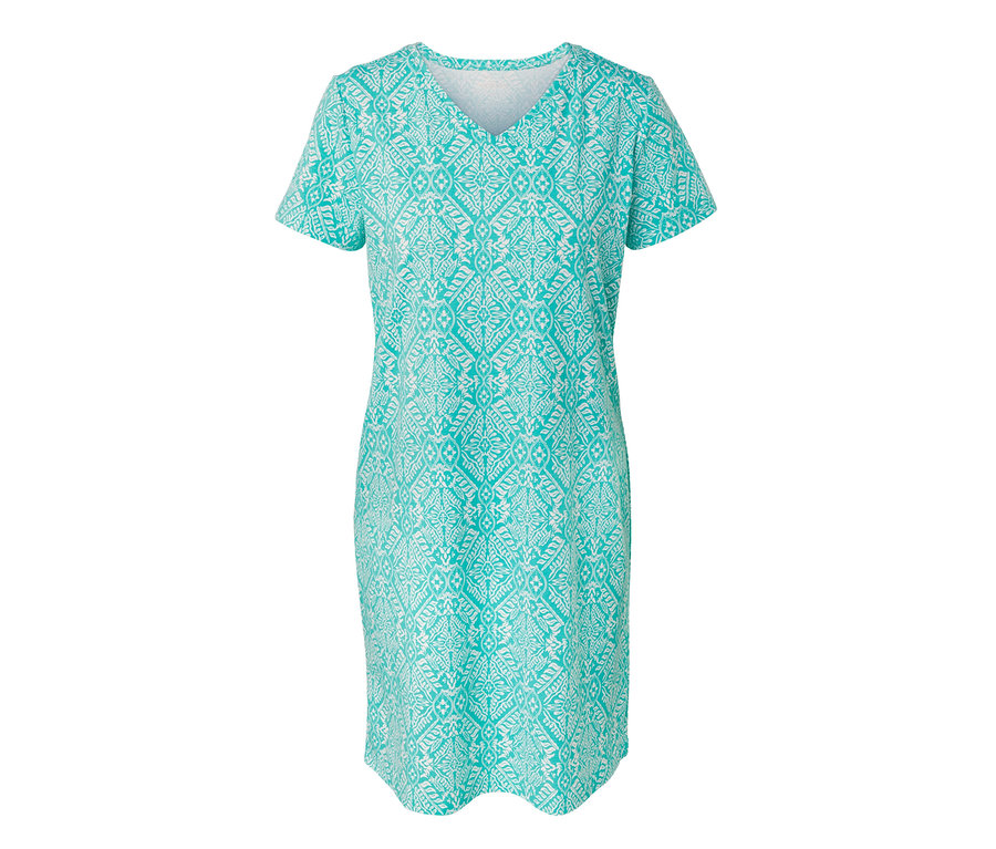 La chemise de nuit à manches courtes turquoise et blanche est présentée.