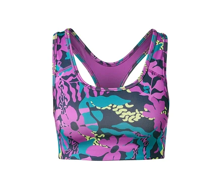 Gros plan d'une brassière de sport à motif floral.