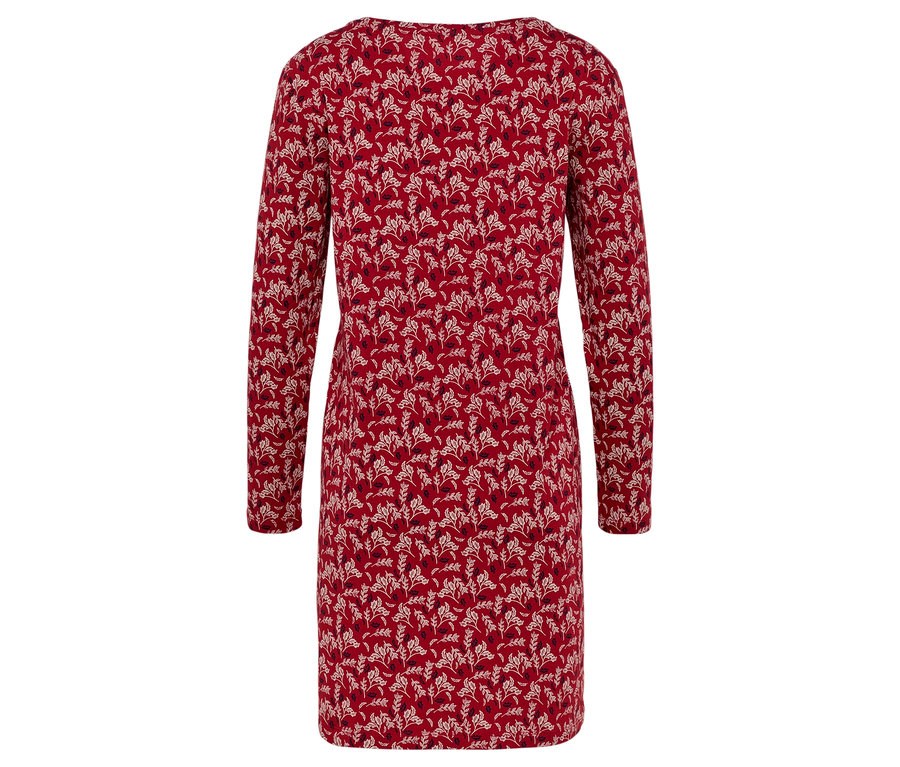 Vue arrière d'une robe rouge à manches longues avec un motif floral intégral.