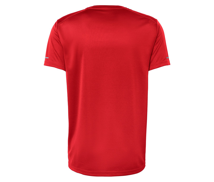 Vue arrière d'un t-shirt rouge à manches courtes.