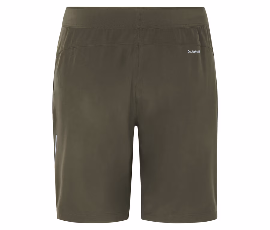 Détail du dos d'un short de sport vert olive.