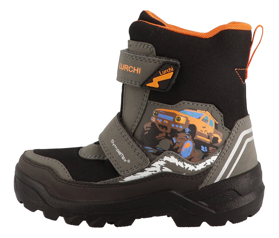 Une botte d'hiver LURCHI »Kojo-SYMPATEX« noire et grise avec un motif de voiture.