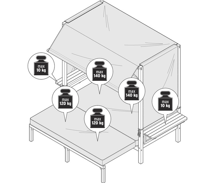Illustration d'une chaise de plage Lounge « Tinus » avec repose-pieds extensible, montrant les poids maximums.