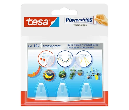 Un paquet de 12 crochets décoratifs transparents Tesa Powerstrips.