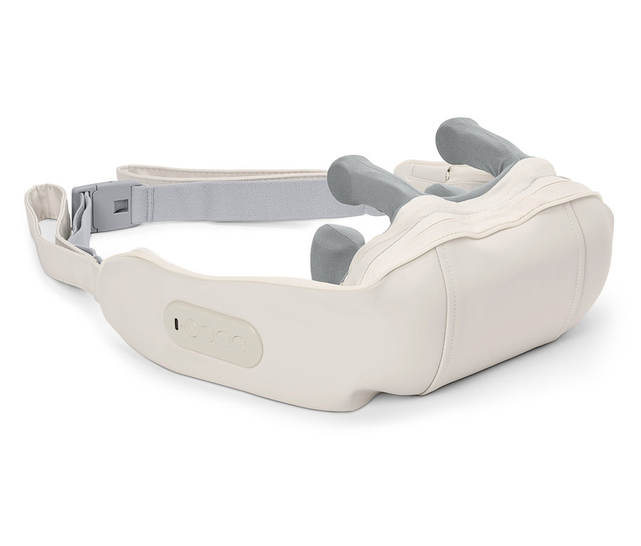 Gros plan d'un appareil de massage cervical blanc avec des têtes de massage grises et une sangle réglable.