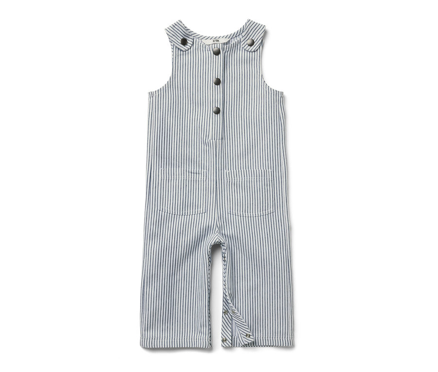 Salopette tissée pour enfants à rayures bleues et blanches.
