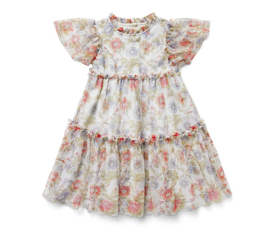 Robe en tulle pour enfant avec motif floral et manches à volants.