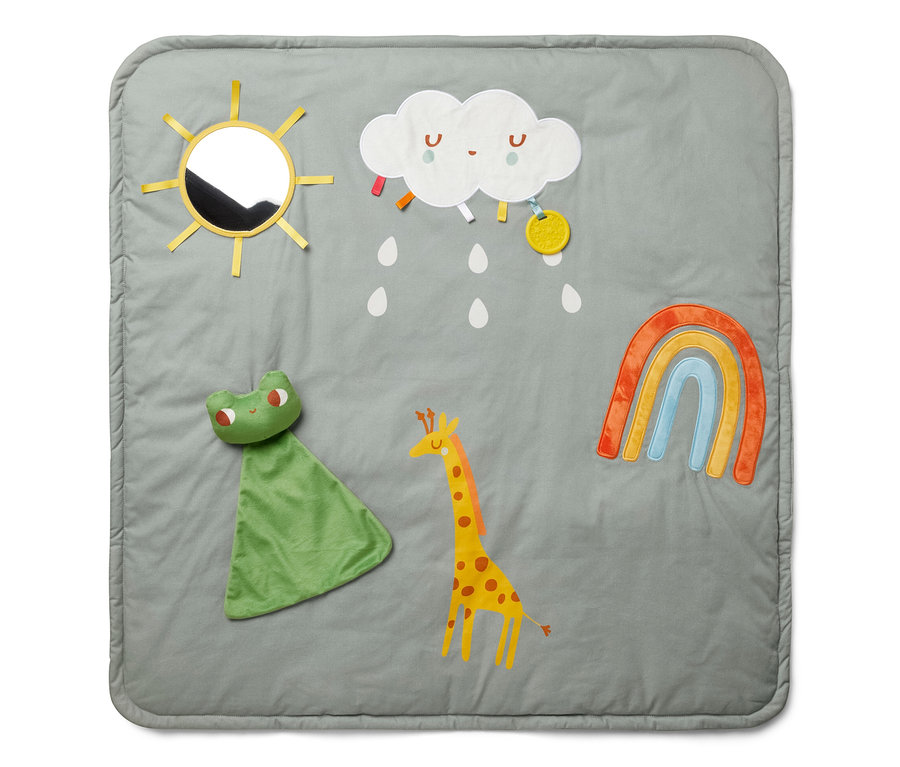 Couverture d’activités pour bébé grise avec soleil, nuage, grenouille, girafe et arc-en-ciel.