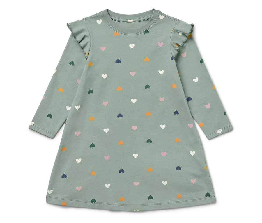 Robe verte à manches longues avec des volants aux épaules, imprimée de cœurs colorés.