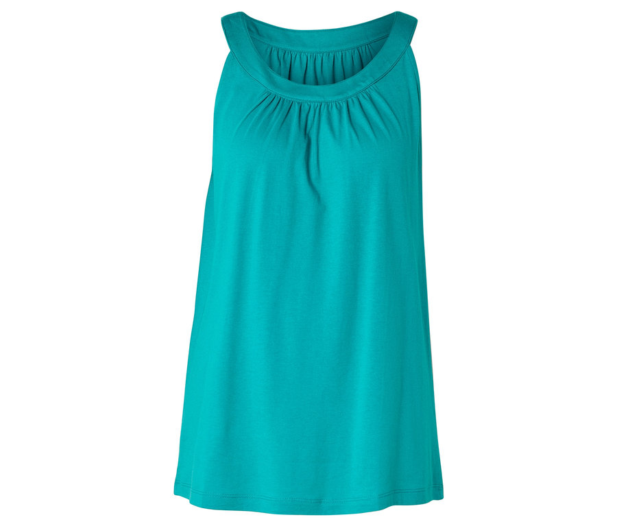 Débardeur turquoise à encolure froncée.