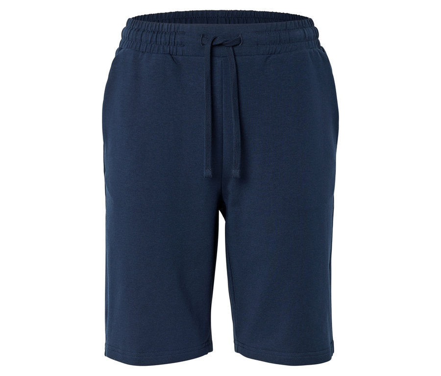 Short bleu marine avec cordon de serrage sur fond blanc.