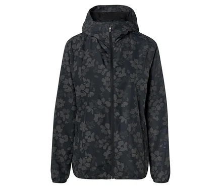 Une veste de pluie noire à manches longues, à capuche et zippée est ornée d'un motif floral gris.