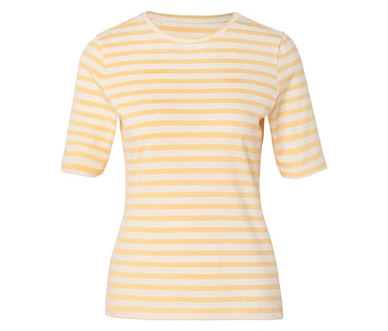 T-shirt rayé jaune et blanc à manches courtes posé sur un fond blanc.