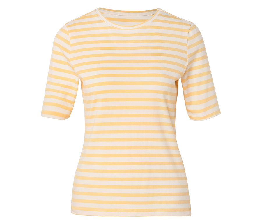 T-shirt rayé jaune et blanc à manches courtes posé sur un fond blanc.