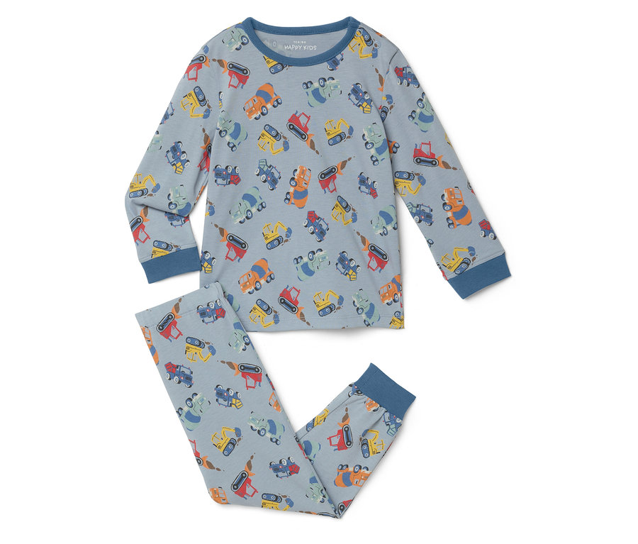 Pyjama bleu clair avec motif de véhicules de chantier, composé d'un haut à manches longues et d'un pantalon.