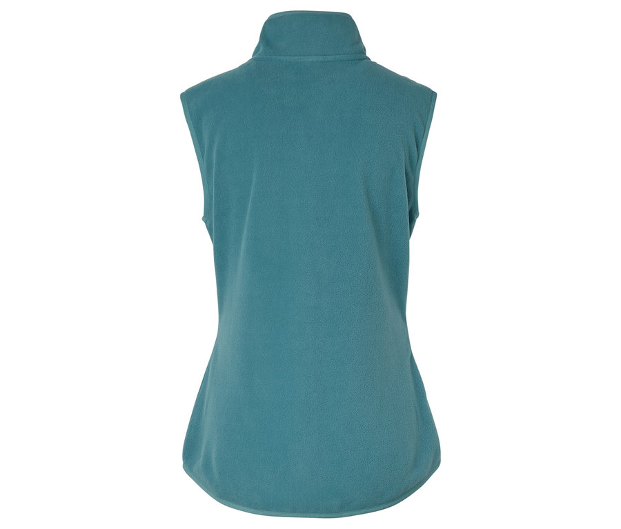Vue arrière d'un gilet polaire bleu-vert sans manches avec un col zippé.