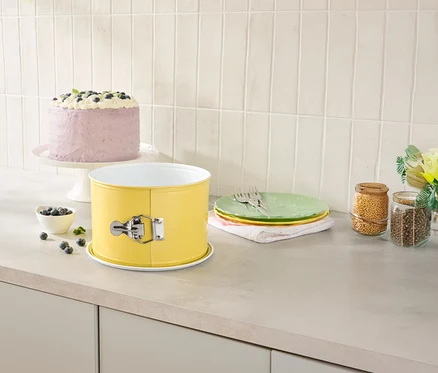 Sur un comptoir de cuisine, il y a un moule à charnière jaune, un gâteau sur un présentoir à gâteau, des assiettes et des bocaux de rangement.